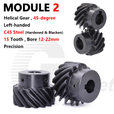 Helical Gear C45 Steel Mod 2 Left-hand 45° 15 Tooth Motor Pinion Hardened Black