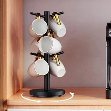 Coffee Mug Holder Tree Upgraded 360° Rotated Cup for Counter Wood Rack 6 Hooks