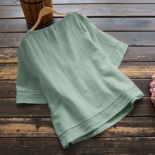 Women Cotton Linen Tunic Tops Shirt Summer Casual Baggy Plain Blouse Plus Size#A - Picture 4 of 27