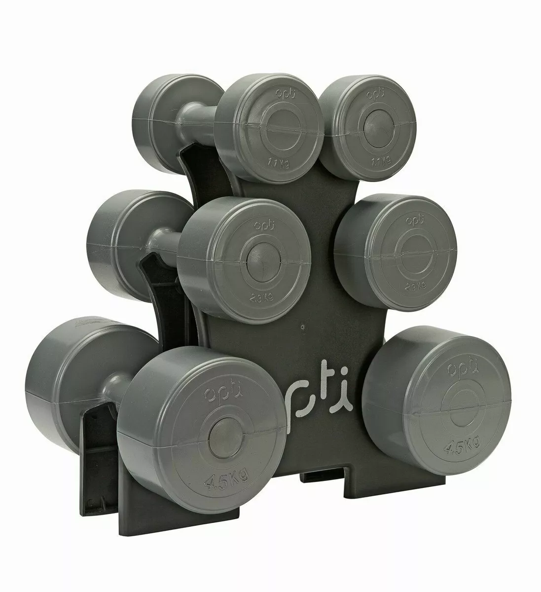 Opti 15kg 7 piece circular vinyl fixed dumbbell set with storage tree clearance