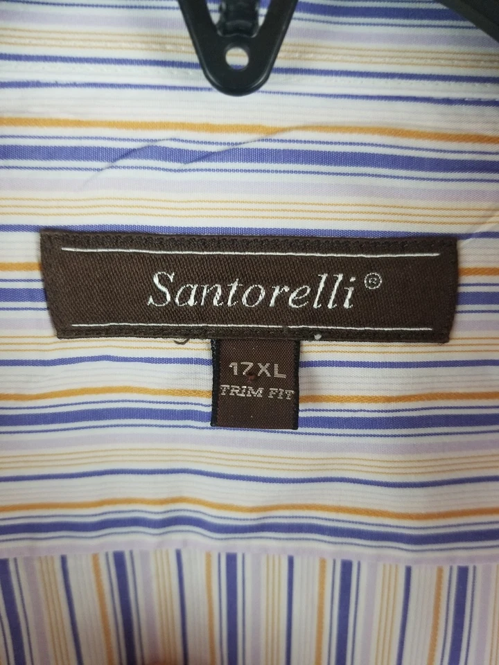 Camisa de vestir Santorelli para hombre azul amarillo a rayas de algodón de lujo 17 XL calce ajustado Foto 3 de 3