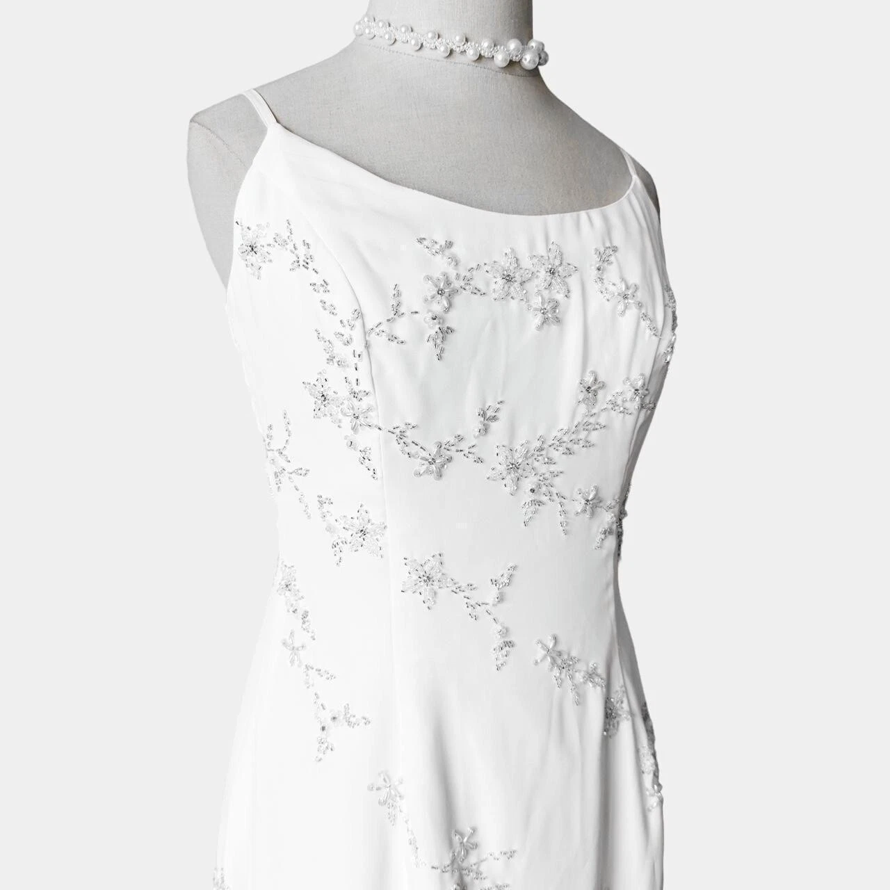 OFF WHITE Abito da ballo formale svasato vintage bianco floreale perline volant vestibilità alta bassa taglia S