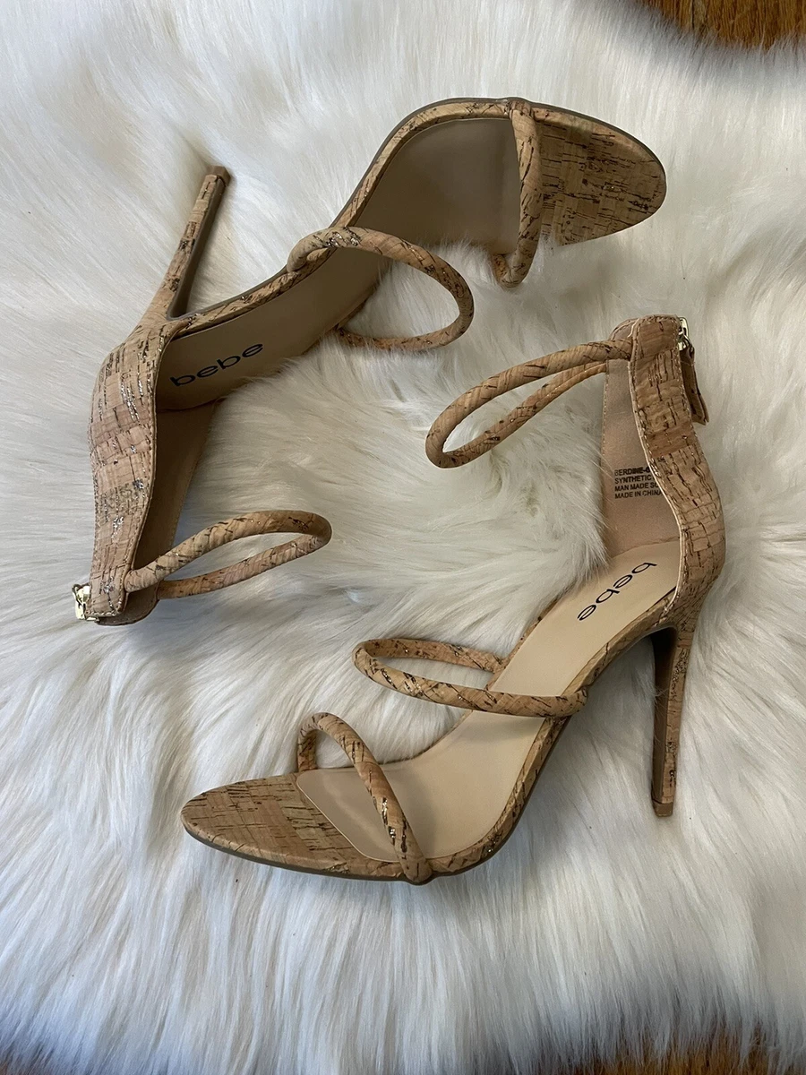 bebe Berdine Cork Ankle Strap Heels Sandals Gold Size 9.5 New