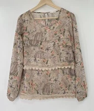 Pleione Brown Floral Crocheted Tiered Pullover Long Sleeve Blouse Top Size Small