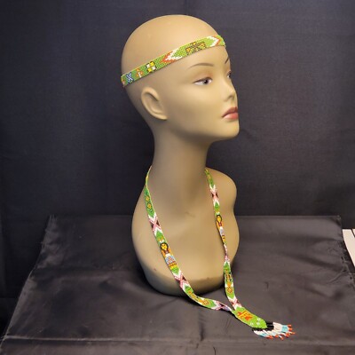 Native American Seed Beaded Necklace & Headband Thunderbird Phoenix Fringe Handm
