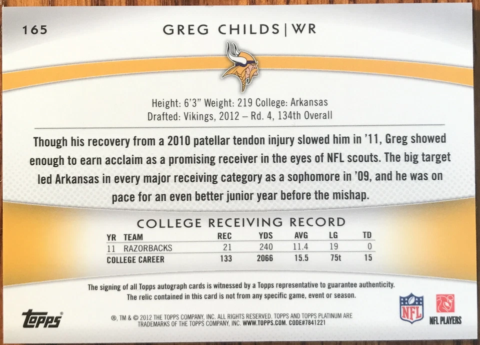 2012 Topps Platinum RPA Refractors Greg Childs #165 #’d 0493/1058 - Image 2 of 3