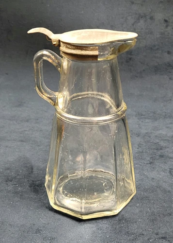 Vintage Hazel Atlas Clear Depression Glass Syrup Molasses Pitcher Hinge MetalTop