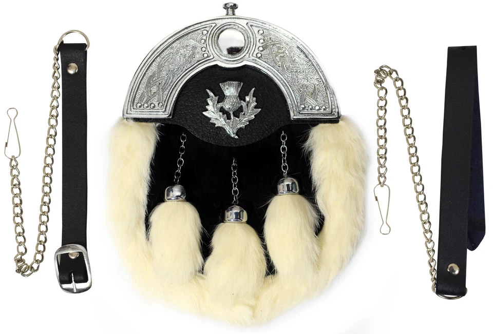 SHYNE KILT U.K FULL DRESS KILT SPORRAN WEISS KANINCHENFELL & CHROM KELTISCHER MANTEL MIT DISTEL