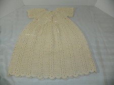 Vintage Baby Hand Made Crochet White Baptism Christening Dress Ribbons buttons