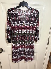 Tacera Woman's Dress. Chevron Striped 3/4 Zip Front. 3/4 Roll Tab Sleeve. 