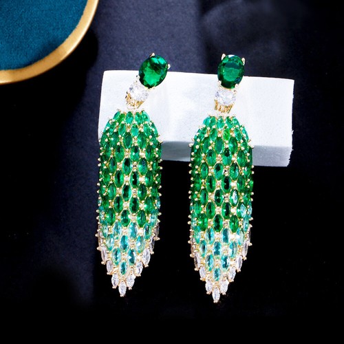 Women Long Green Dangle Earrings Cubic Zirconia Gold Plated Wedding Jewelry Gift