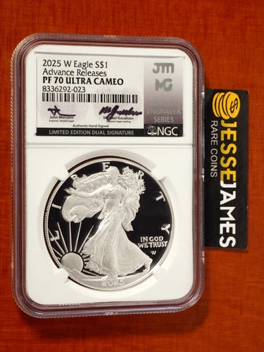 2025 W PROOF SILVER EAGLE NGC PF70 ADVANCE RELEASES MERCANTI & GAUDIOSO DUAL SIG