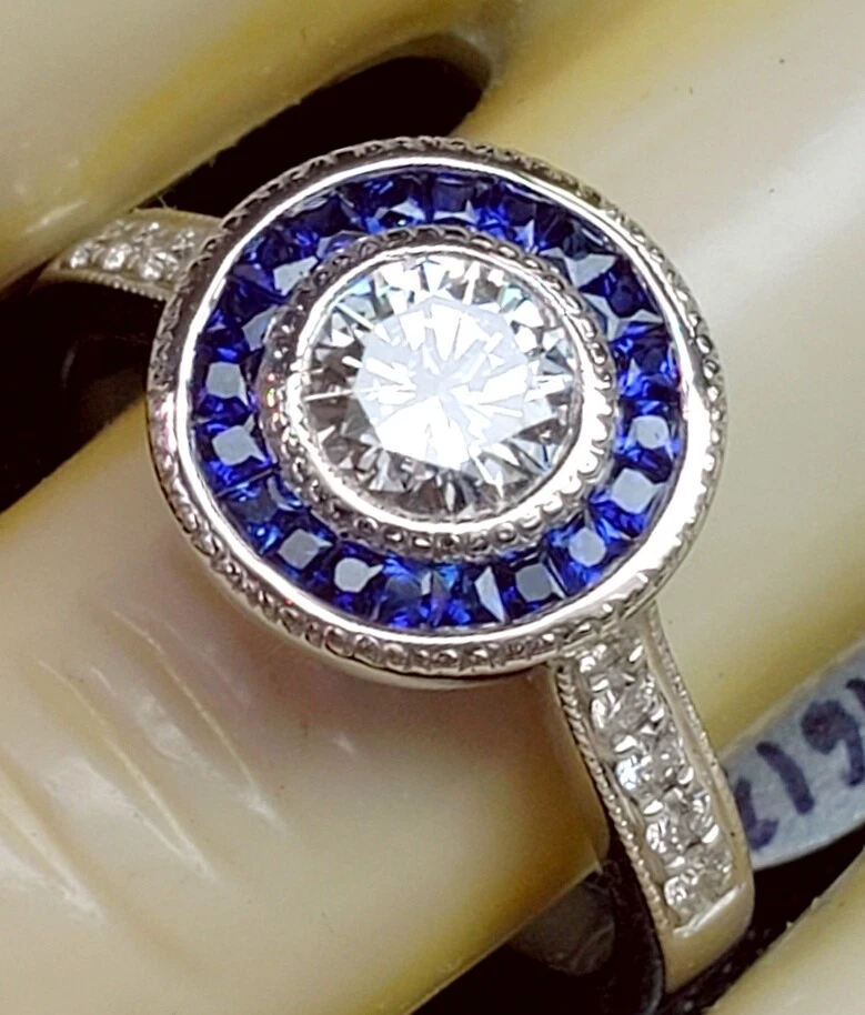 .54CT D VS2 GIA Art Deco Round Brilliant Diamond & Sapphire Halo 14k Ring Foto 4 de 4