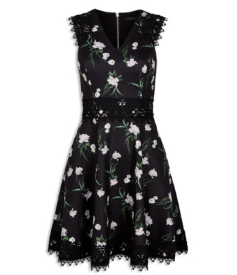 Ted Baker Nolla Printed Skater Dress Size 1 0-2 XS Black