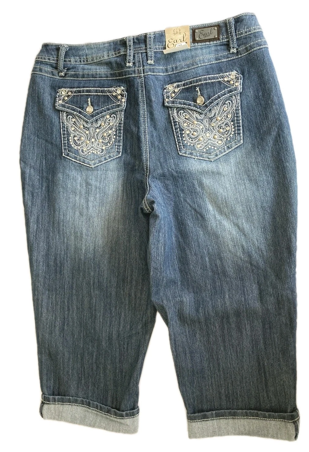 Earl Jeans Capri Pants Womens 16W Blue Cuffed Rhinestone Embroidered Stretch NWT
