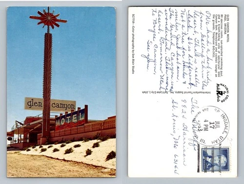 Page, AZ-Arizona Glen Canyon Motel Neon Sign Desert Scene Vintage c1963 Postcard