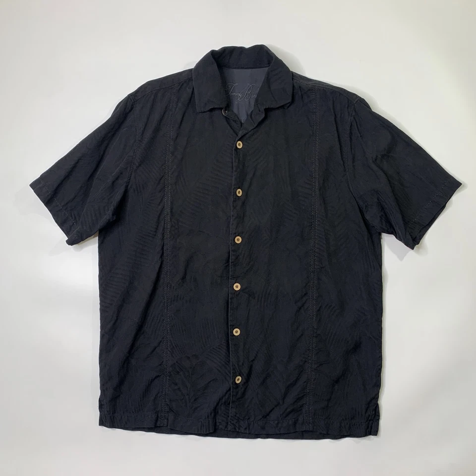 Camisa Tommy Bahama Para Hombre M Mediana Negra Seda Bordada Léelo Enrollar Aguíralo Foto 4 de 4