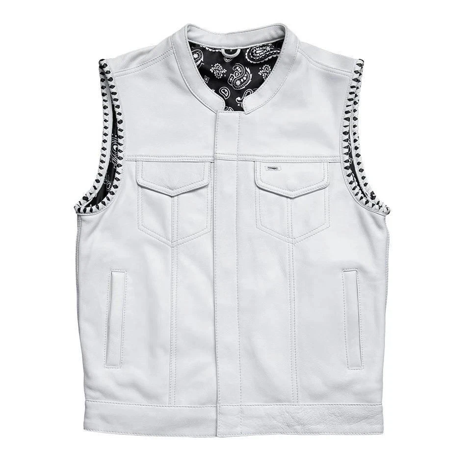 Men's White Lambskin Leather Biker Vest Handmade Motorcycle Waistcoat