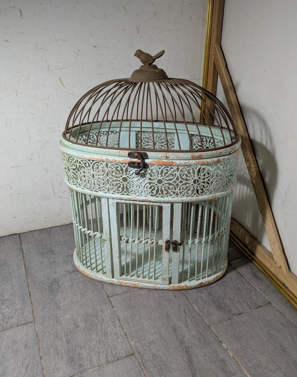 Vintage Shabby Chic Decorative Bird Cage House Wood & Metal French Country F35