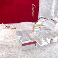 Vintage Cartier Eyeglasses 2 Point Rimless C Decor Pink Stone with Velour Pouch