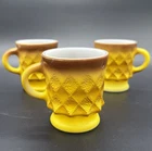 Vtg Anchor Hocking Fire King Yellow Kimberly Diamond Coffee Mugs Stackable Set/3