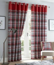 Red Orleans Tartan Check Lined Ready Made Eyelet Ring Top Curtains Pair