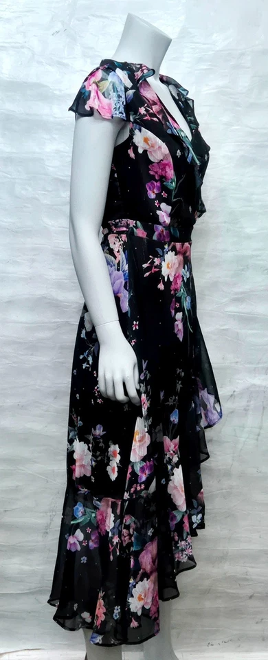 Lipsy Londres Mujer Precioso Largo Medio Negro Jenna Floral Tiras Volante UK 12 - Imagen 3 de 4