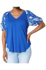 DG2 by Diane Gilman Women's Mixed Media Puff Sleeve V-neck Top Cobalt
