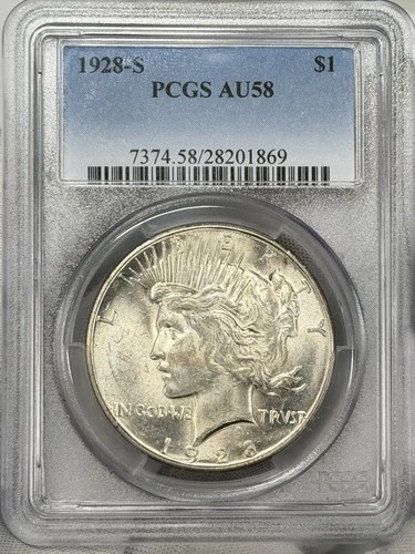 1928-S $1 Peace Dollar PCGS AU58 Silver San Francisco One US Coin BETTER DATE!