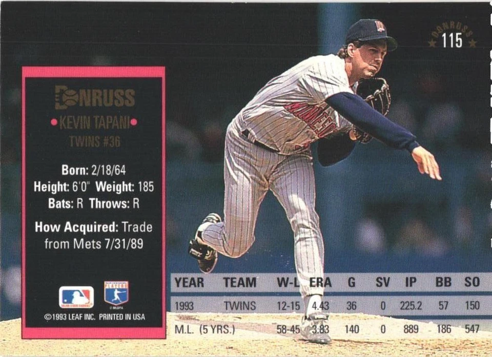1994 Donruss #115 Kevin Tapani Minnesota Twins - Image 2 of 2