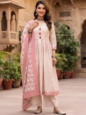 Indian Women Cream Cotton Ethnic Printed A-Line Kurta With Palazzo  Dupatta