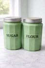 Vintage Jadeite Style Green Glass Sugar & Flour Canister Set w/ Lids