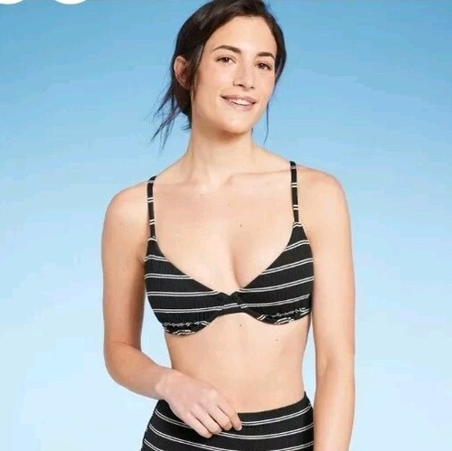 Women's Ribbed Demi Underwire Bikini Top - Shade & Shore Black Striped Size 34A - Picture 6 of 6