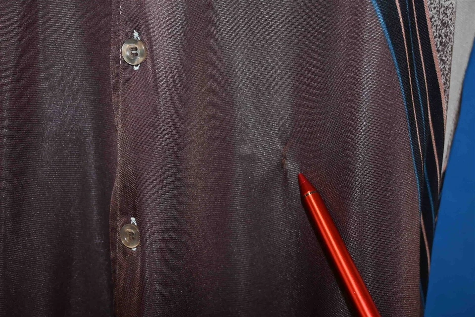 винтажный 70-х LA STRADA КОРИЧНЕВЫЙ БЕЖЕВЫЙ ГЕОМЕТРИЧЕСКИЙ КУБ АЦЕТАТ БОЛЬШОЙ ВОРОТНИК ДИСКО РУБАШКА S - Изображение 4 из 4