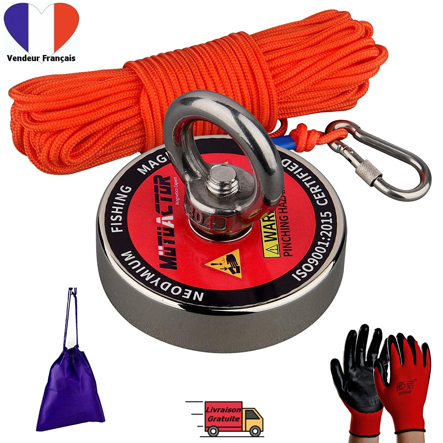 Aimant néodyme puissant 180kg avec corde de 20m pour pêche à l'aimant