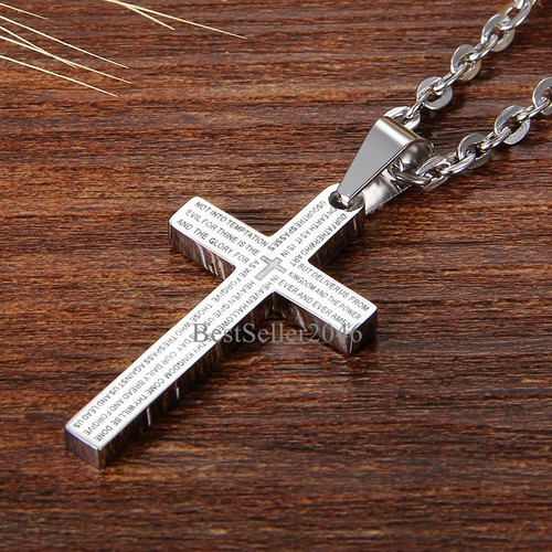English Prayer Bible Cross Stainless Steel Men Women Charm Pendant Necklace 22" - Picture 27 of 29