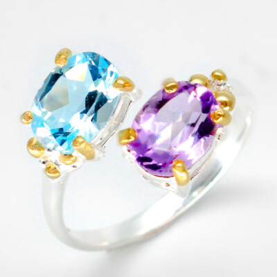 Handmade Jewelry Natural Blue Topaz Amethyst Silver Ring 925 Sterling / RVS42