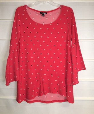 Roz & Ali Red Floral Print Stretch Polyester Top Bell Sleeves Asymetrical Hem M