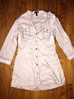 F A N G Khaki Long W/ Leggings Shirt Dress Jacket Half Sleeve Button Womens SZ M