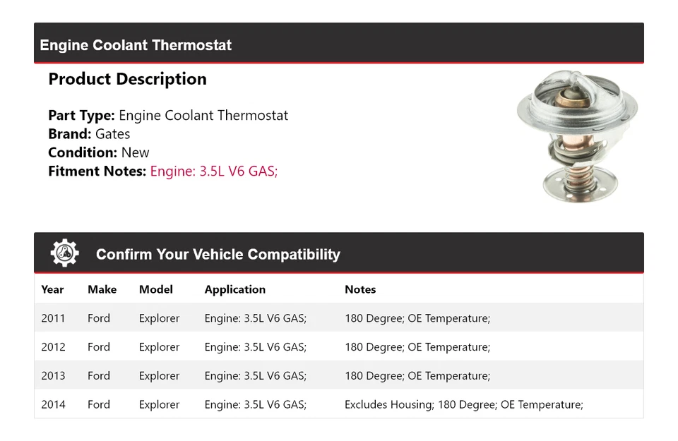 Para Ford Explorer 2011-2014 3,5 L V6 Motor Gas Refrigerante Termostato Puertas 2012 Foto 2 de 4