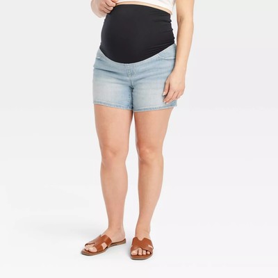 Isabel Denim Shorts Maternity Size 6 Blue Midi Crossover Panel Over Belly