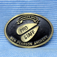 Ben Pearson Archery Staff Belt Buckle Bow Hunter Bronze Vtg DynaBuckle .TYC558
