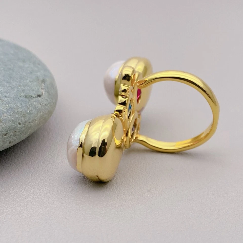 Cultured White Pearl Multi Color Crystal Finger Rings Adjustable Gold Plated - Image 4 of 4