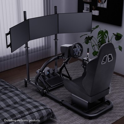 Hottoby Racing Sim Cockpit With Black Seat & Triple Monitor Stand Fit Logitech