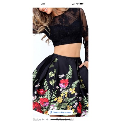 Black Lace Two Piece Homecoming Dress Open Back Long Sleeves Prom