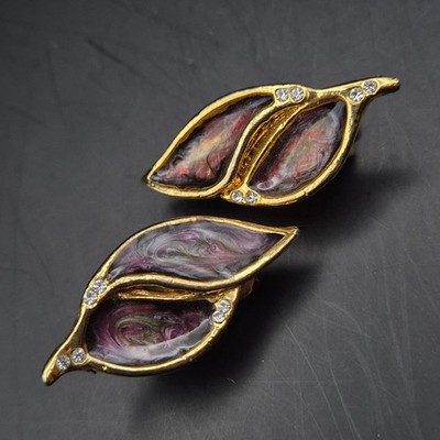 Elegante Blatt-Ohrclips mit Emaille und Kristallen   Vintage Stil Damen Ohrringe