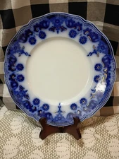 Antique Johnsons Bros. England Stanley Flow Blue Gold Accented 9" Luncheon Plate