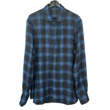 Saks Fifth Avenue Plaid Linen Shirt Mens XL Blue Gray White Long Sleeve Button