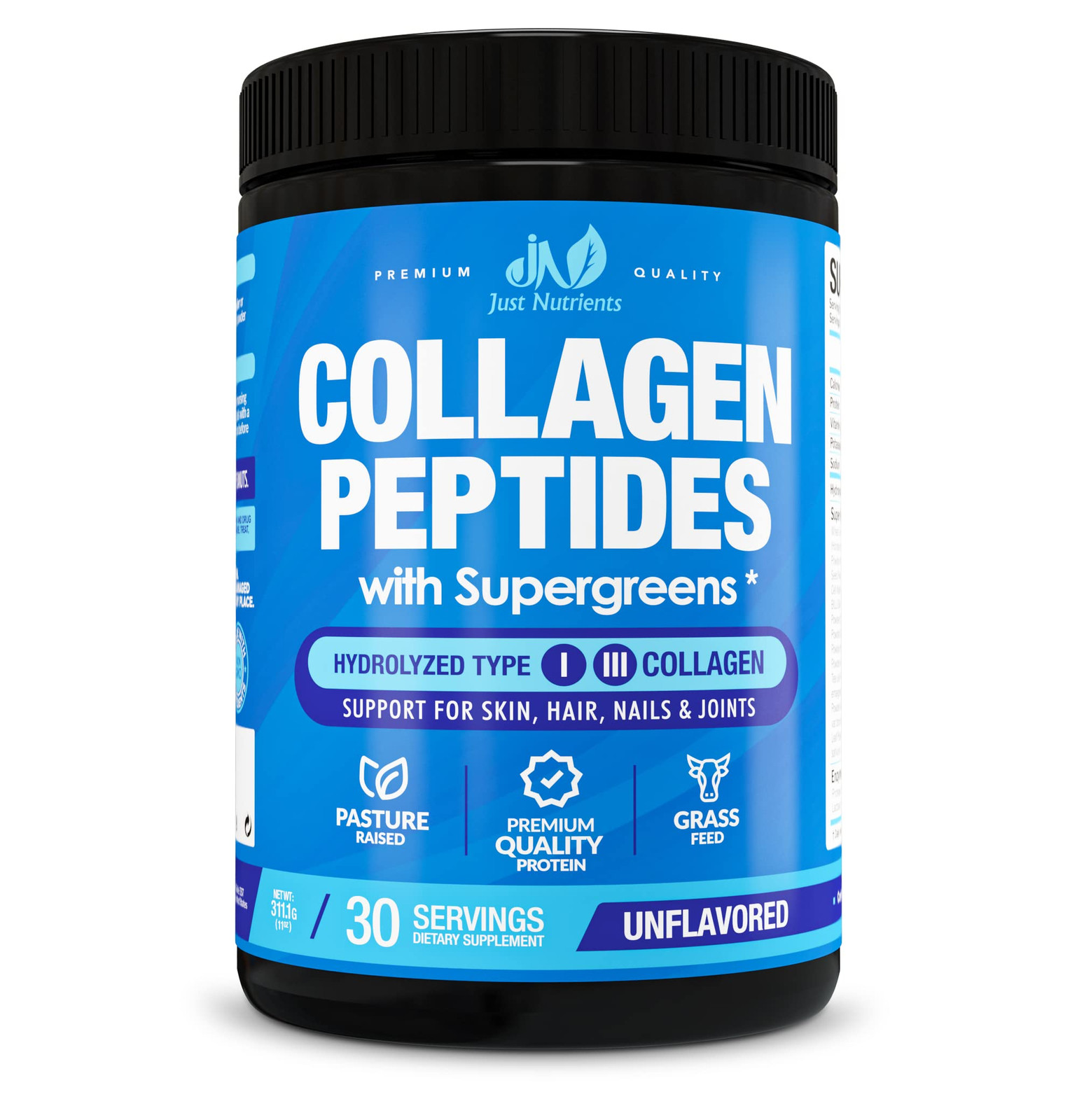 Collagen Peptides with Super Greens - Hydrolyzed Collagen Type I & III for Ha...