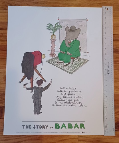 VINTAGE 1985 BABAR THE ELEPHANT, Well Satisfied POSTER 24 x 18 Nursery Library - Picture 2 of 4